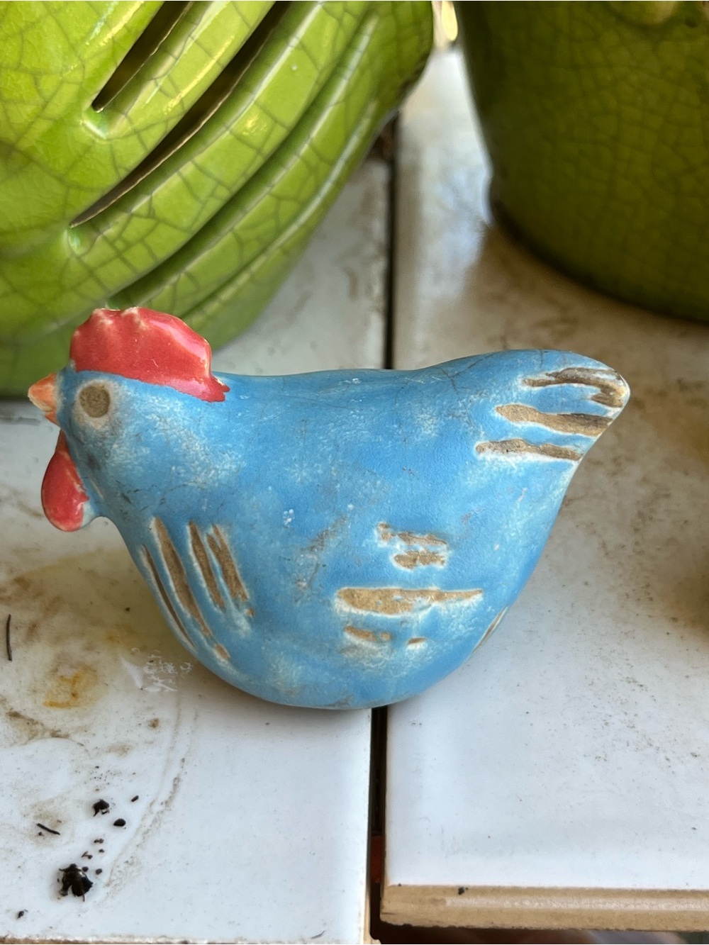 Blue Ceramic Chicken Figurine with Red Comb - Decorative Home Accent
